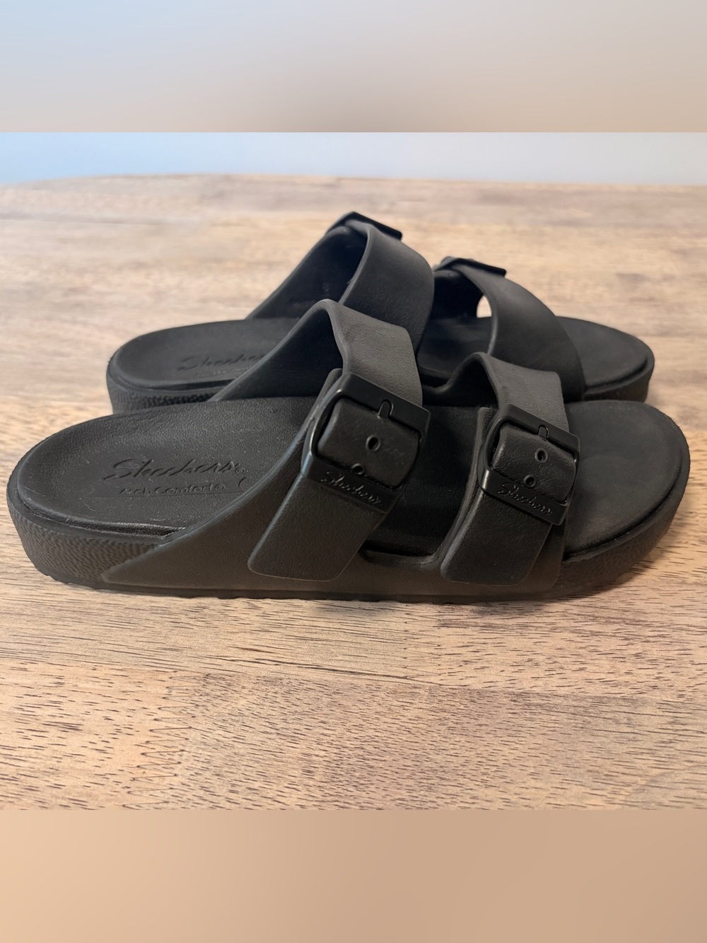Sketchers Arch Comfort Black Double Buckle Slide Sandals 8